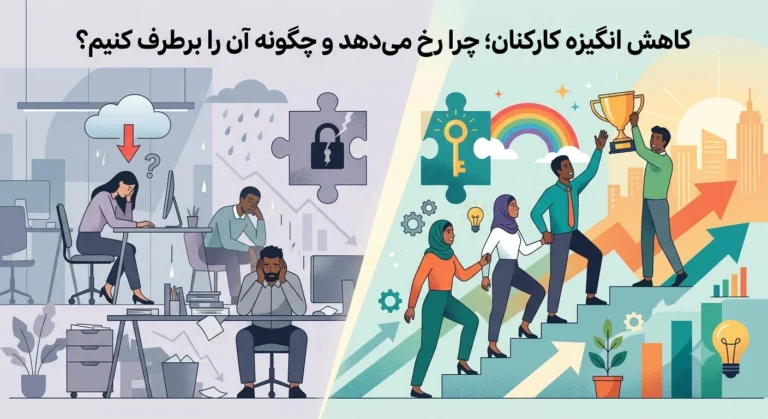 مقایسه تصویری کاهش انگیزه کارکنان در یک دفتر کار سرد و تاریک با تیمی پویا و باانگیزه در حال رشد و موفقیت سازمانی