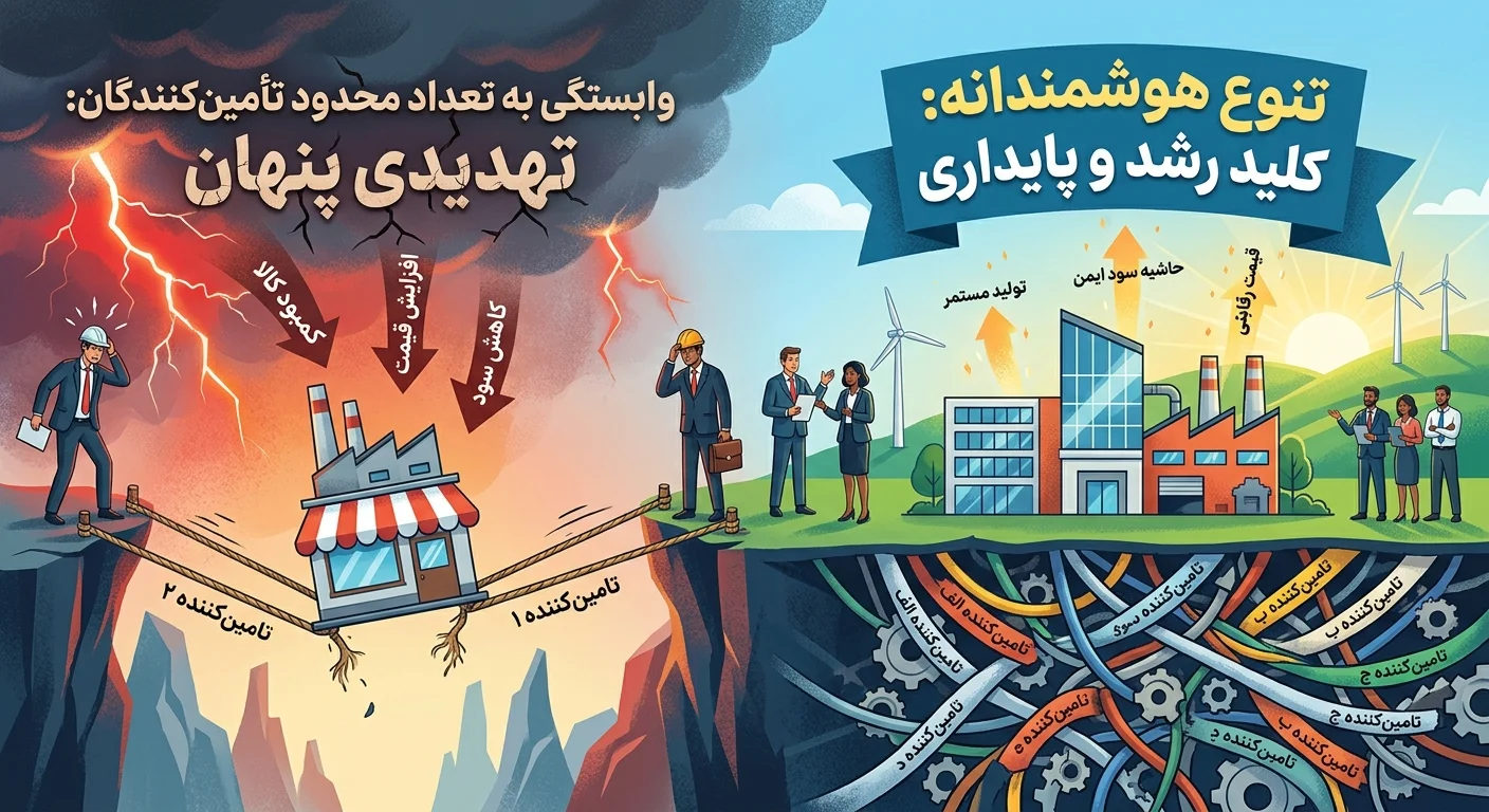 یک اینفوگرافیک با صفحه تقسیم شده که تضاد بین یک کسب و کار درگیر وابستگی به تامین کننده در یک طوفان را با یک کسب و کار شکوفا که از تنوع تامین کنندگان در زیر نور خورشید استفاده می کند، نشان می دهد، هر دو با متن فارسی.